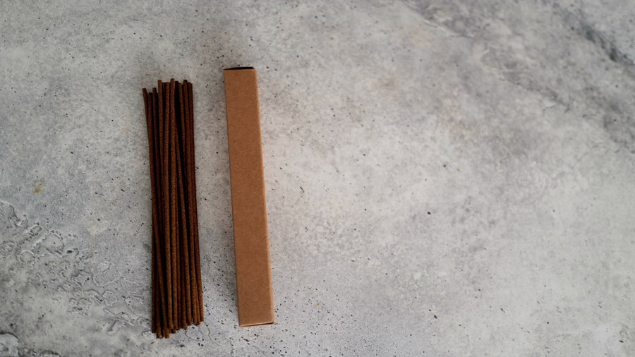 Bundle of incense sticks beside a plain kraft box for private label incense