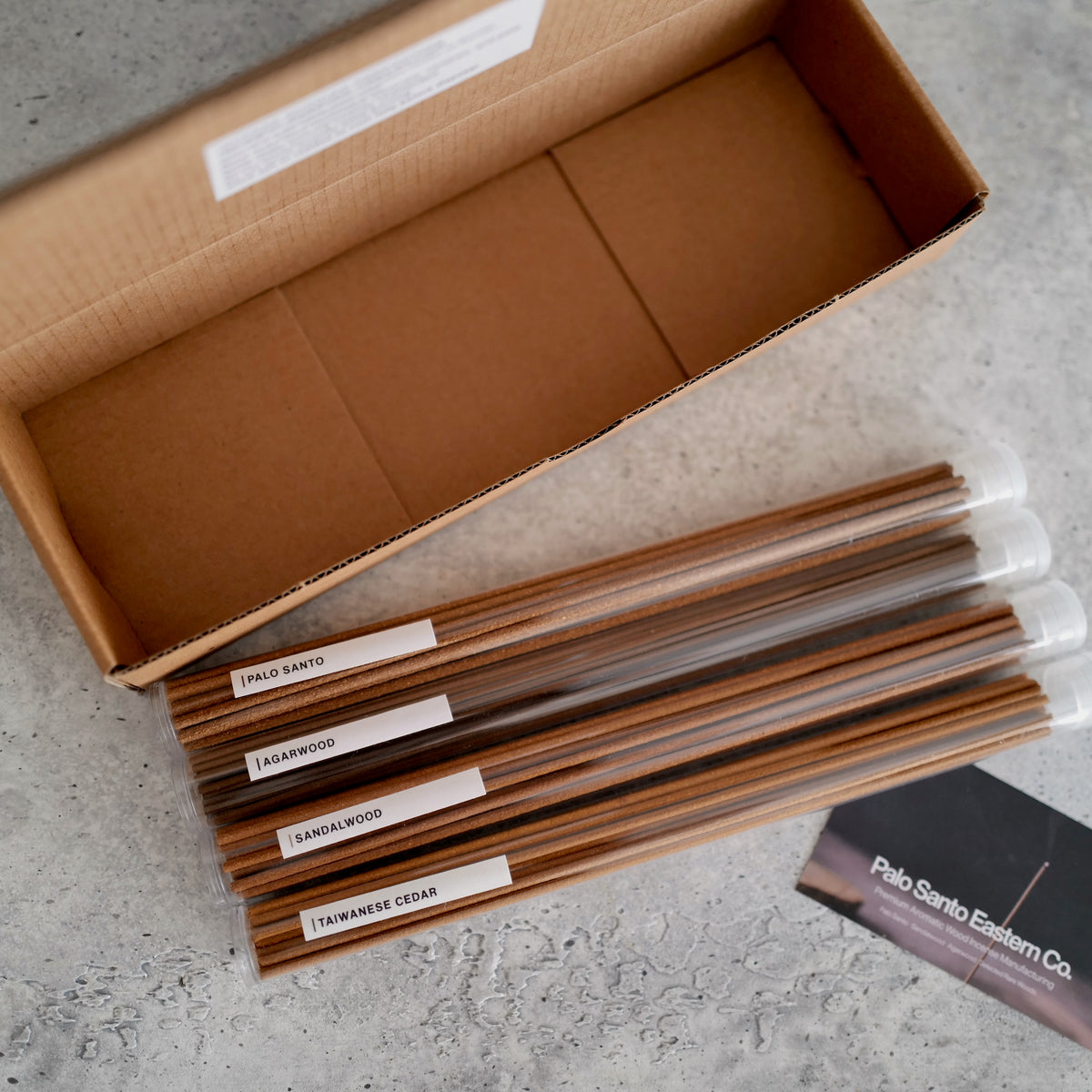 Incense trial tubes with their shipping box