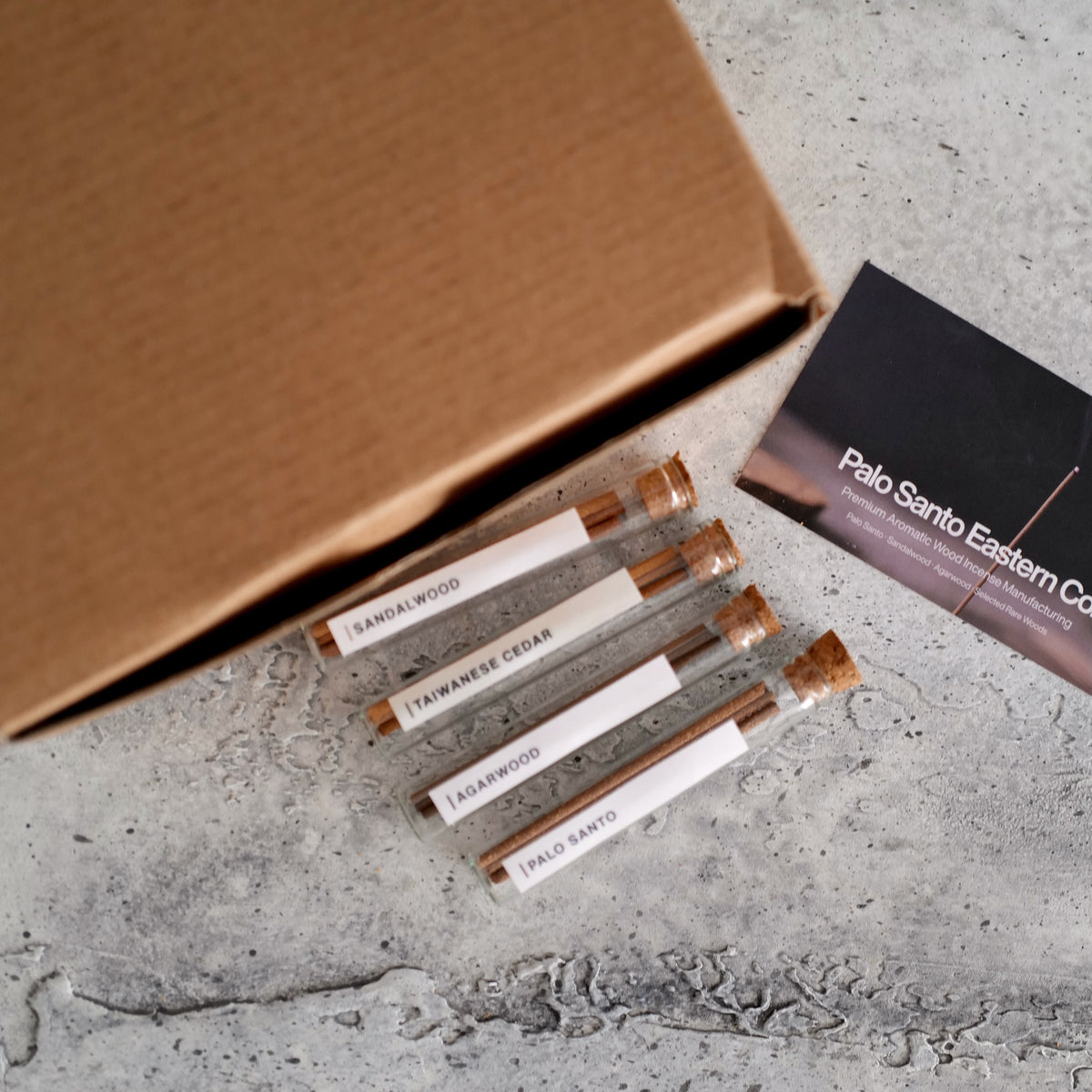 Incense sticks scent sample vials in their shipping box